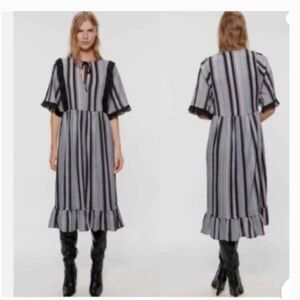 Zara Black and White Ruffle Sleeve‎ Dress EUC Sz S Cottage Core Prairie Country